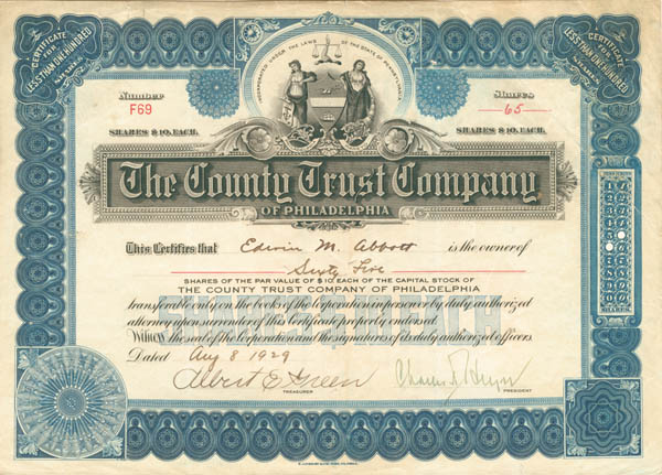 County Trust Co. of Philadelphia - Stock Certificate